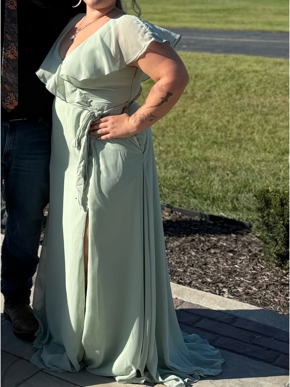 Azazie Dusty Sage Green Ruffle V-Neck Dress